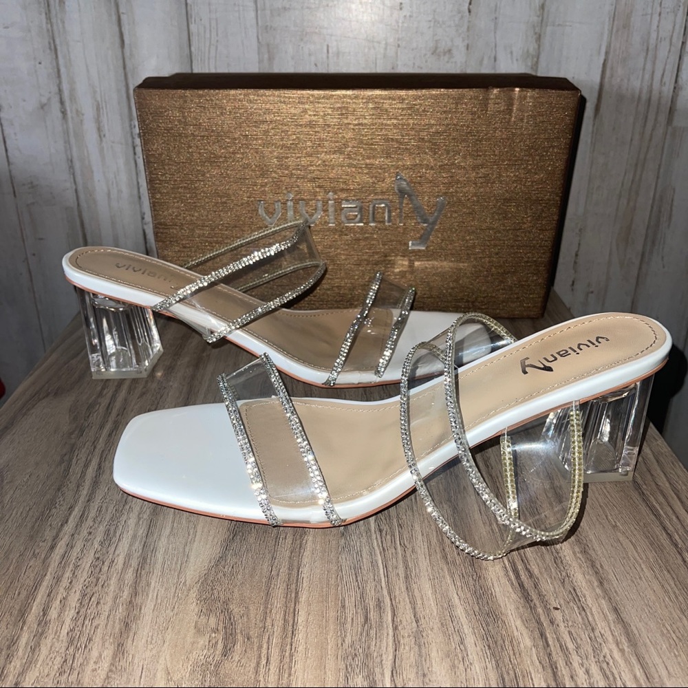 Vivianly Square Toe Strappy Block Heel Crystal Sandal